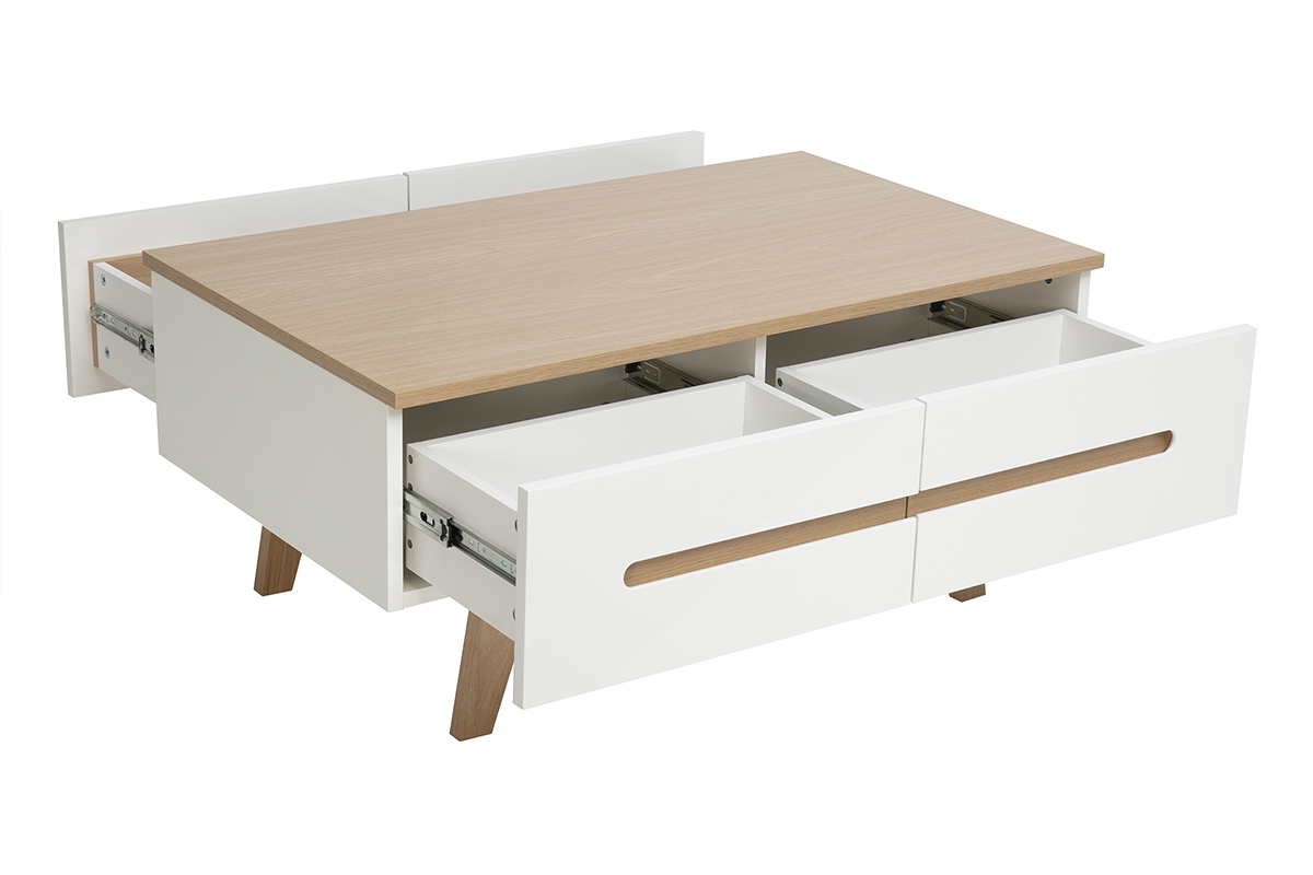 Table basse blanche laqu�e brillante et finition bois clair 4 tiroirs L100 cm MELKA
