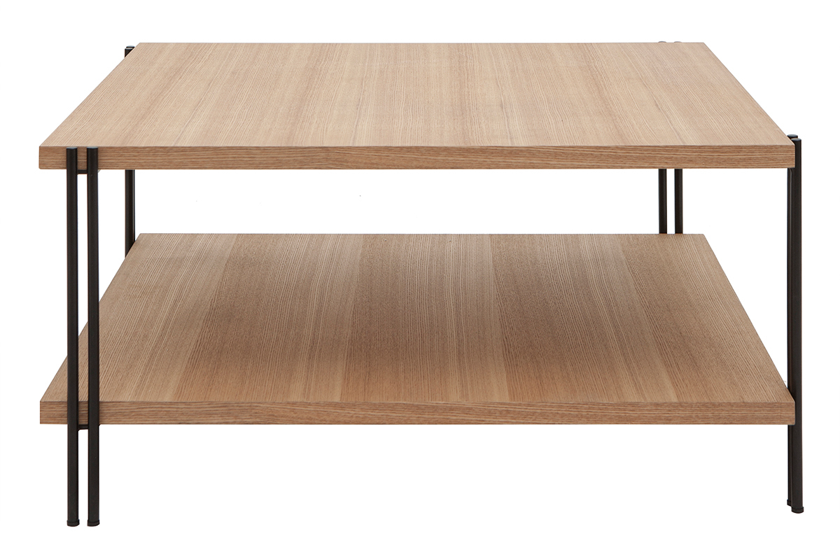 Table basse carre avec double plateau bois clair et mtal noir L81 cm HARLAN