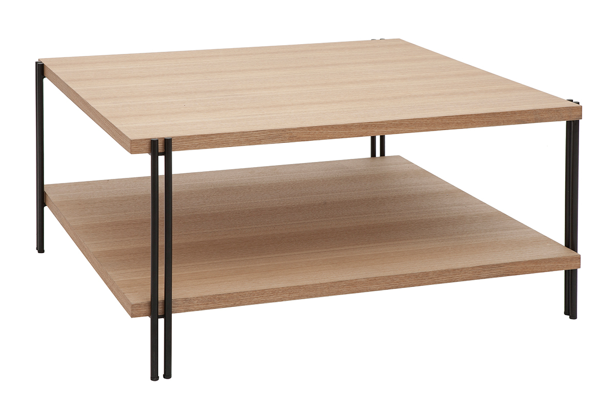 Table basse carre avec double plateau bois clair et mtal noir L81 cm HARLAN