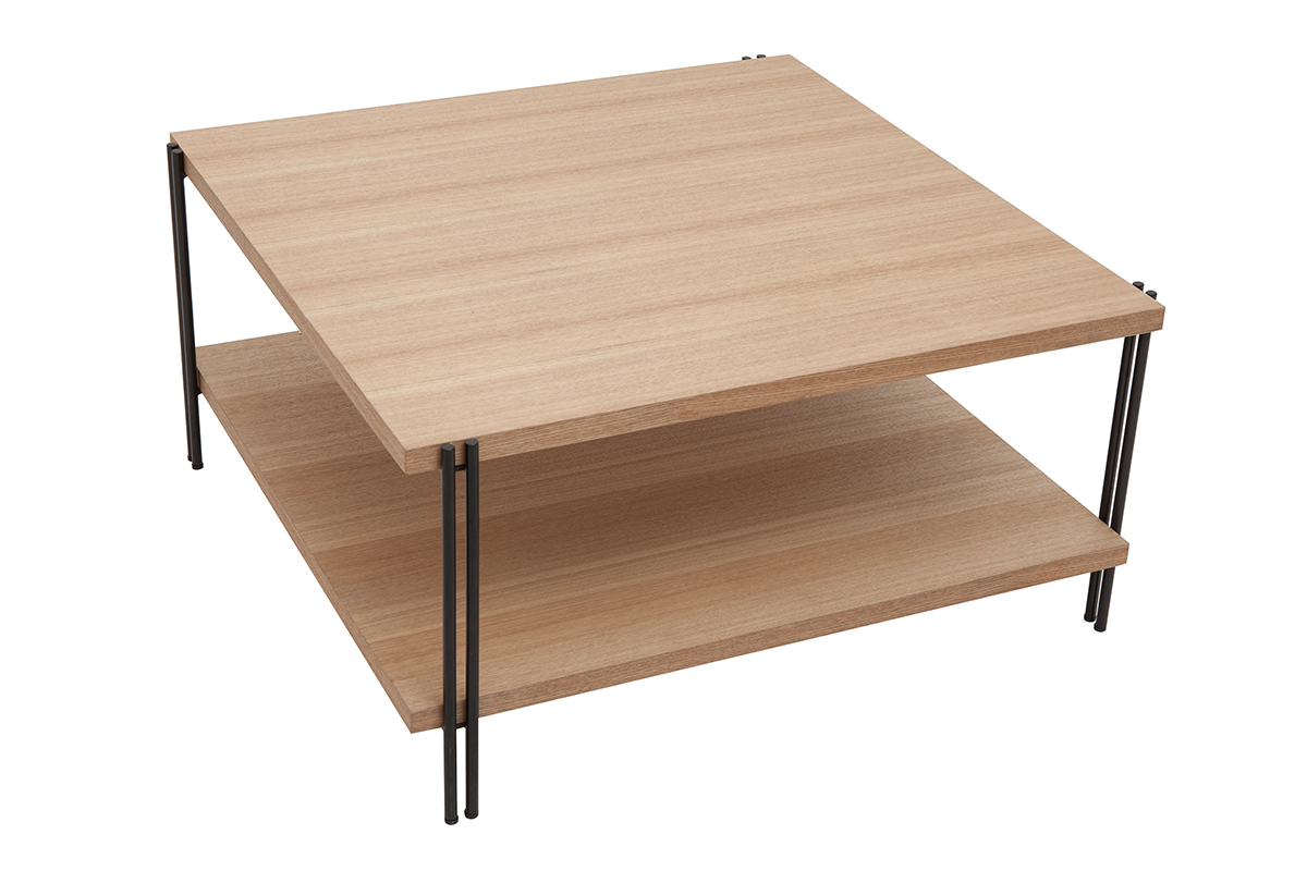 Table basse carre avec double plateau bois clair et mtal noir L81 cm HARLAN