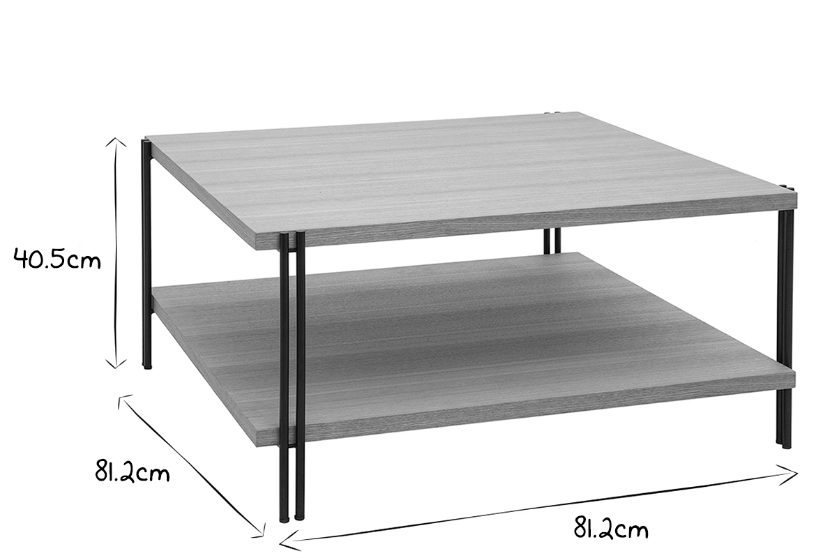 Table basse carre avec double plateau bois clair et mtal noir L81 cm HARLAN