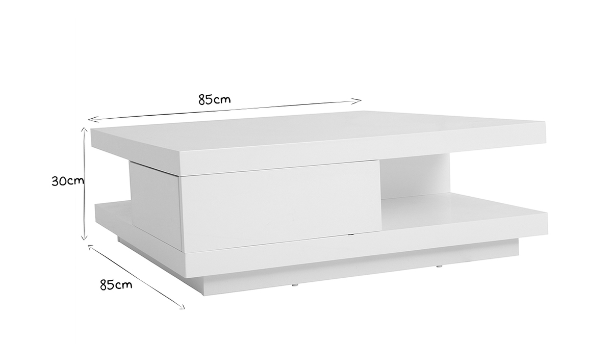 Table basse carre avec rangements 2 tiroirs design blanc laque L85 cm KARY