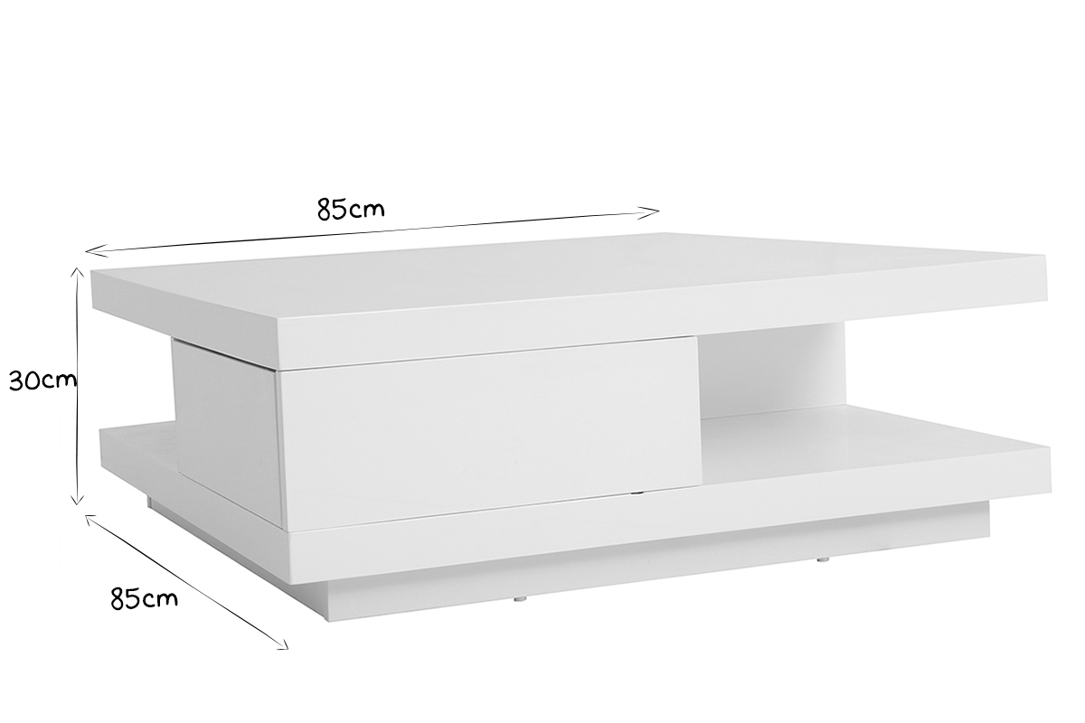 Table basse carrée avec rangements 2 tiroirs design blanc laquée L85 cm KARY