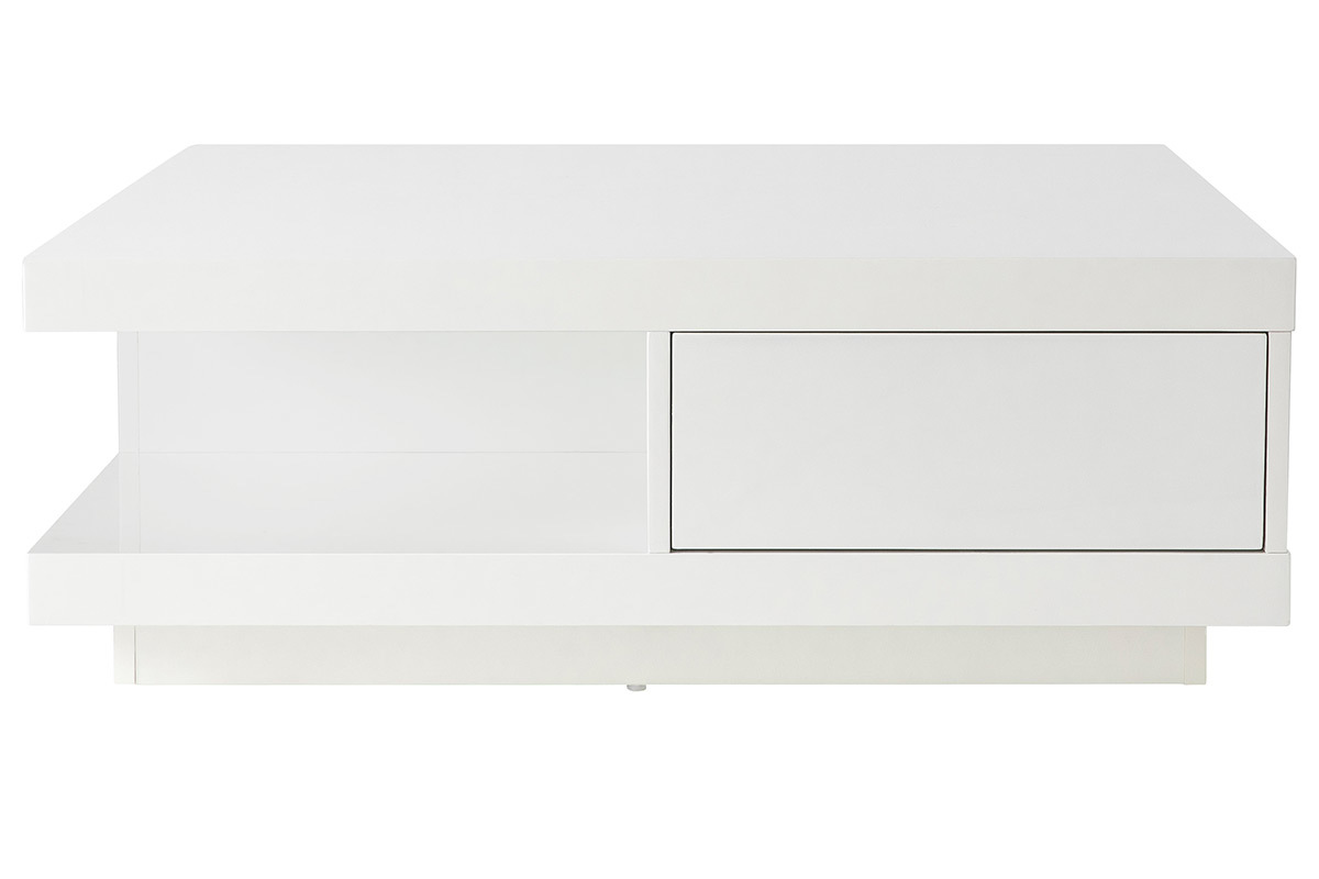 Table basse carrée avec rangements 2 tiroirs design blanc laquée L85 cm KARY