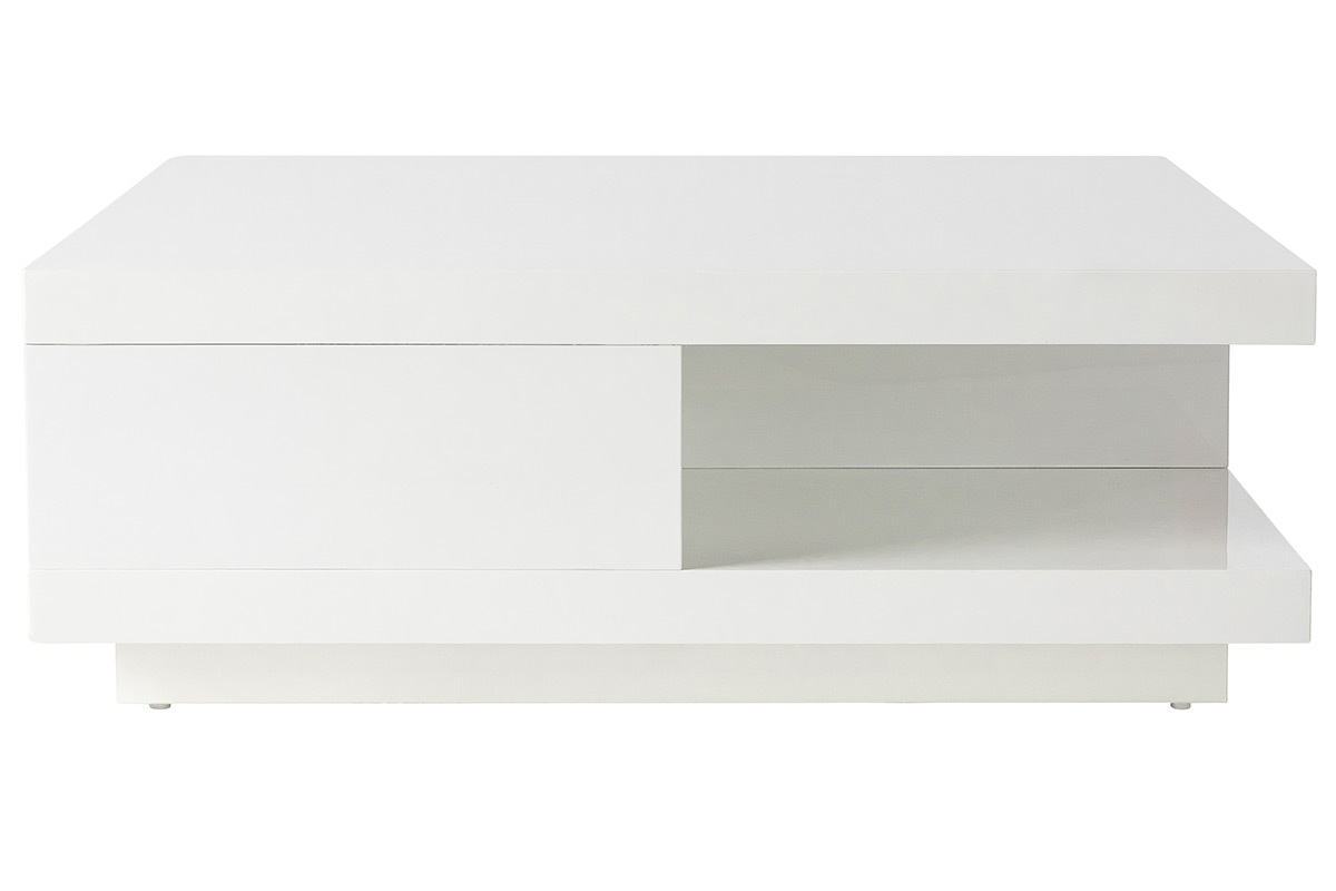 Table basse carrée avec rangements 2 tiroirs design blanc laquée L85 cm KARY
