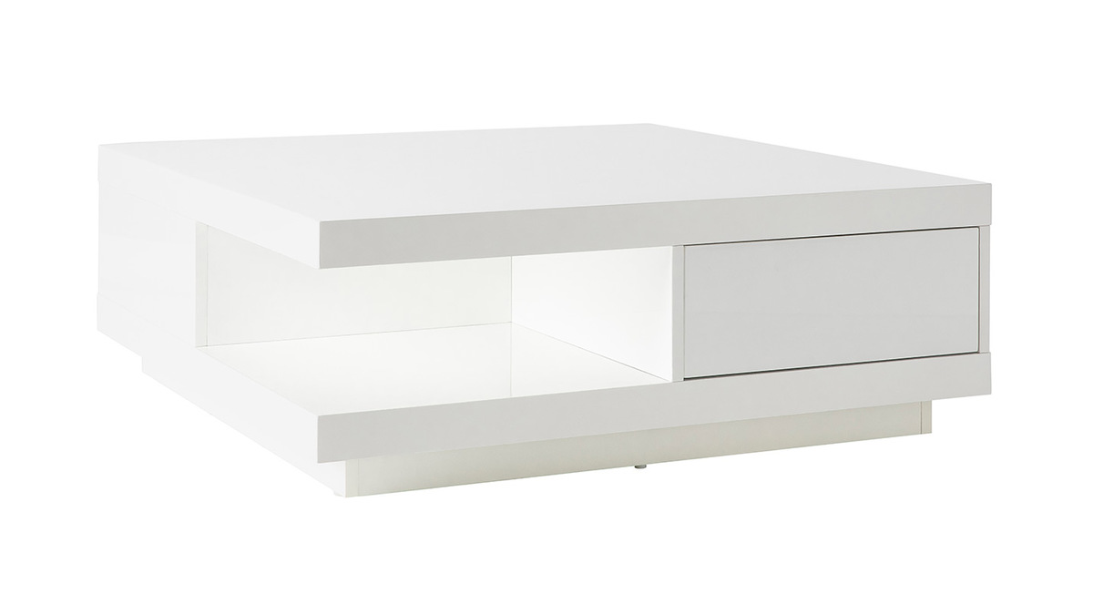 Table basse carre avec rangements 2 tiroirs design blanc laque L85 cm KARY