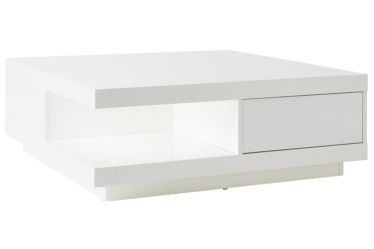 Table basse carrée avec rangements 2 tiroirs design blanc laquée L85 cm KARY