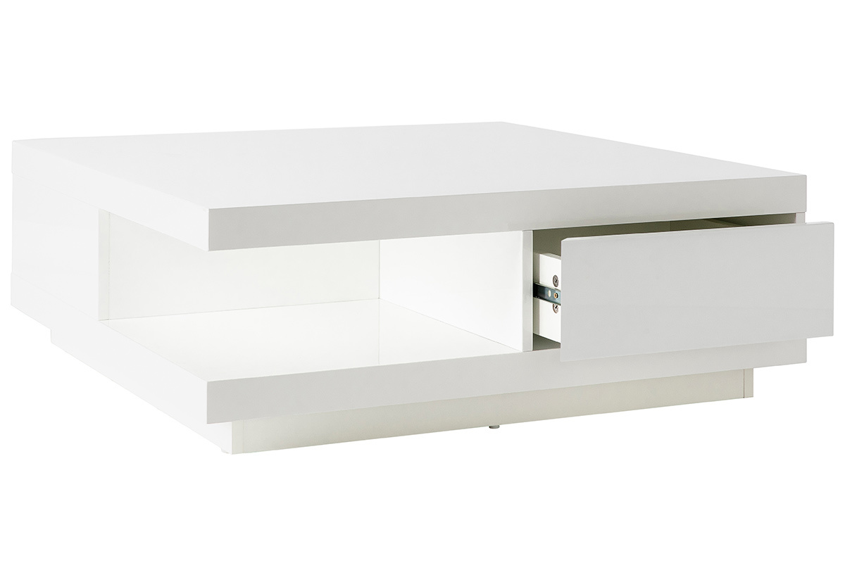 Table basse carrée avec rangements 2 tiroirs design blanc laquée L85 cm KARY