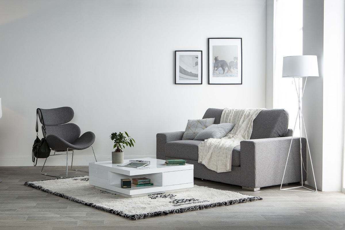 Table basse carrée avec rangements 2 tiroirs design blanc laquée L85 cm KARY