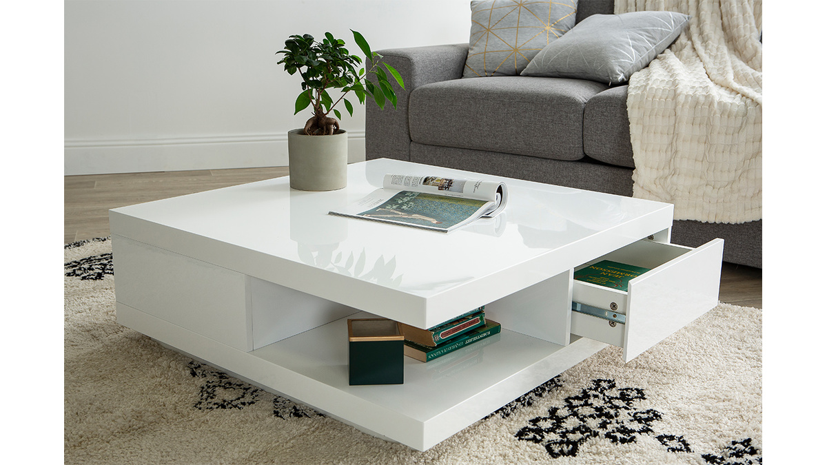 Table basse carre avec rangements 2 tiroirs design blanc laque L85 cm KARY