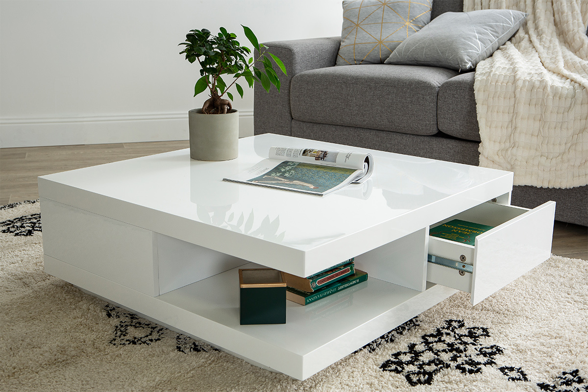 Table basse carrée avec rangements 2 tiroirs design blanc laquée L85 cm KARY