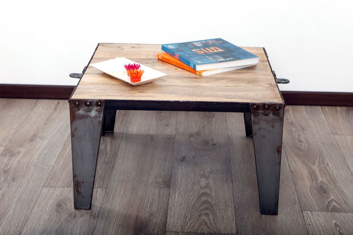 Table basse carre en manguier massif et acier INDUSTRIA