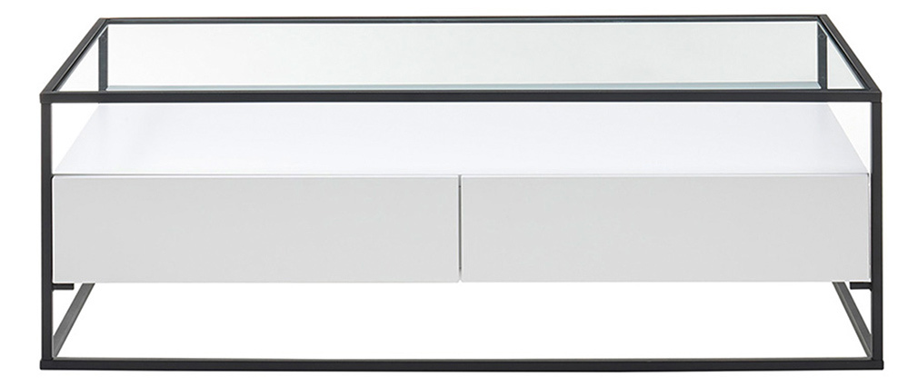 Table basse design avec plateau verre et tiroirs blancs FINN