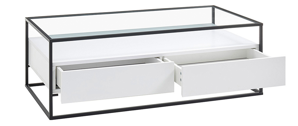 Table basse design avec plateau verre et tiroirs blancs FINN