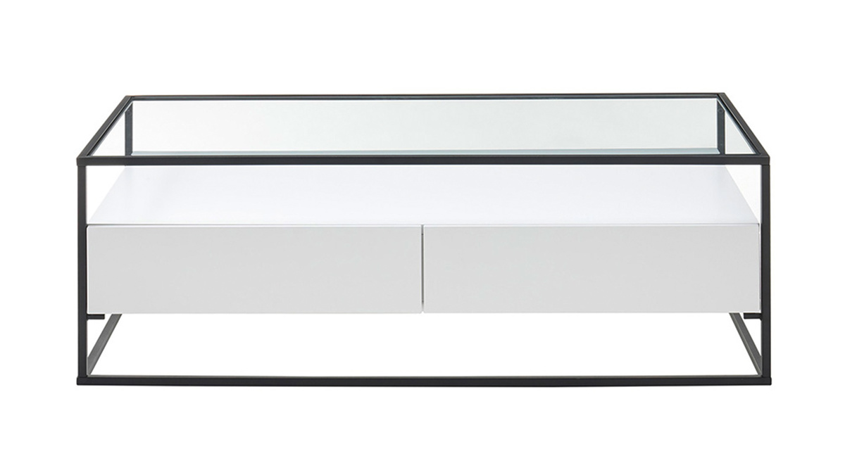 Table basse design avec plateau verre et tiroirs blancs rectangulaire FINN