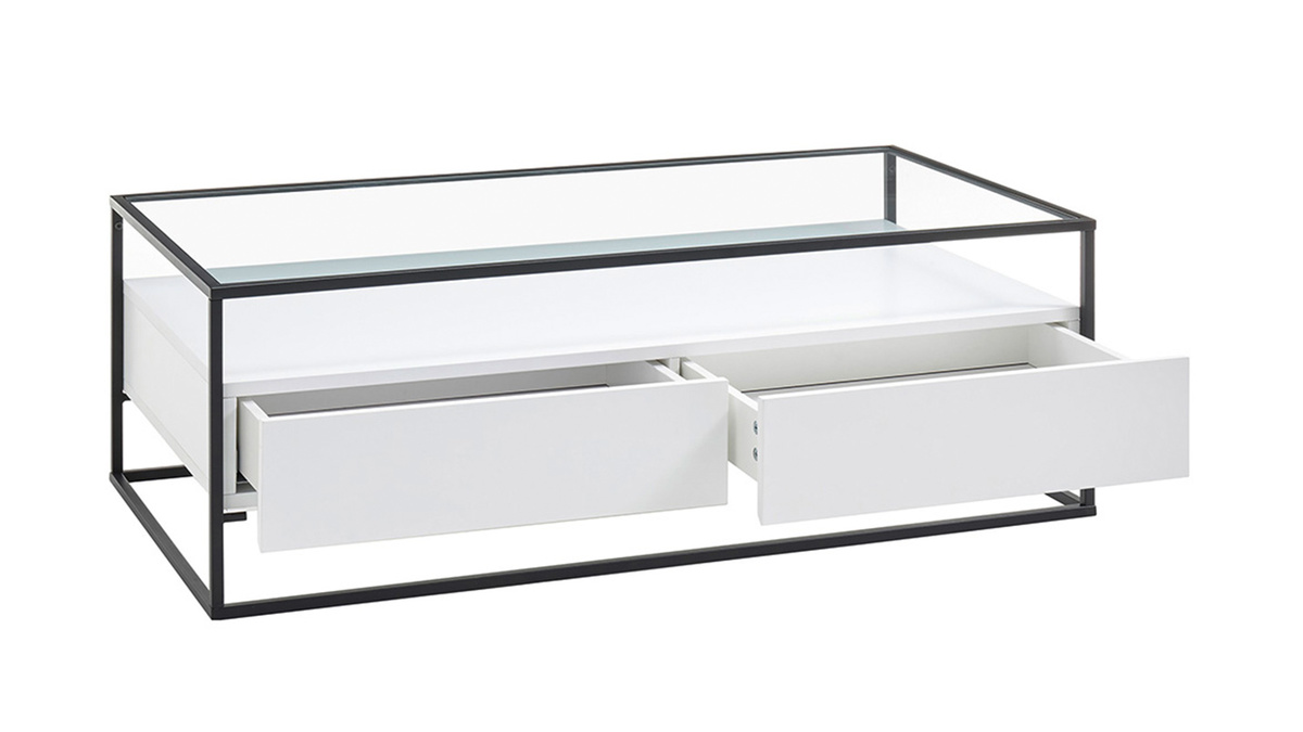 Table basse design avec plateau verre et tiroirs blancs rectangulaire FINN