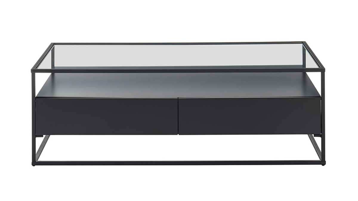 Table basse design avec plateau verre et tiroirs noirs FINN
