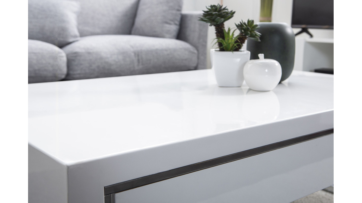 Table basse design avec tiroir blanc laqu et mtal chrom COOPER