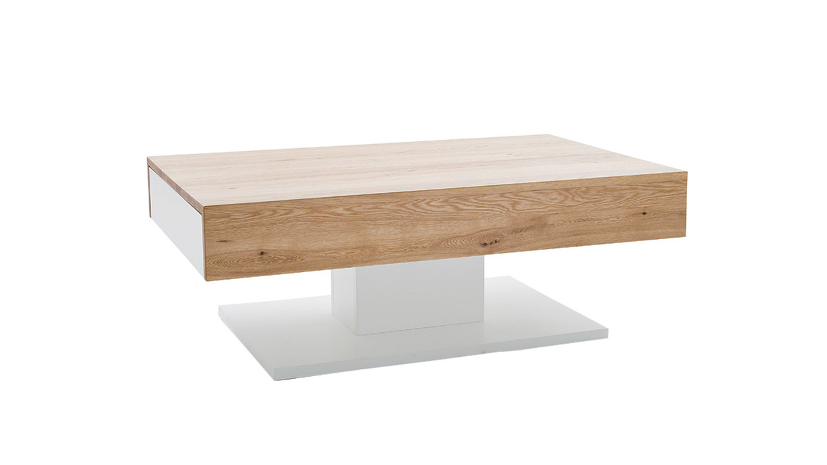 Table basse design blanc laqu et bois chne 2 tiroirs SCAB