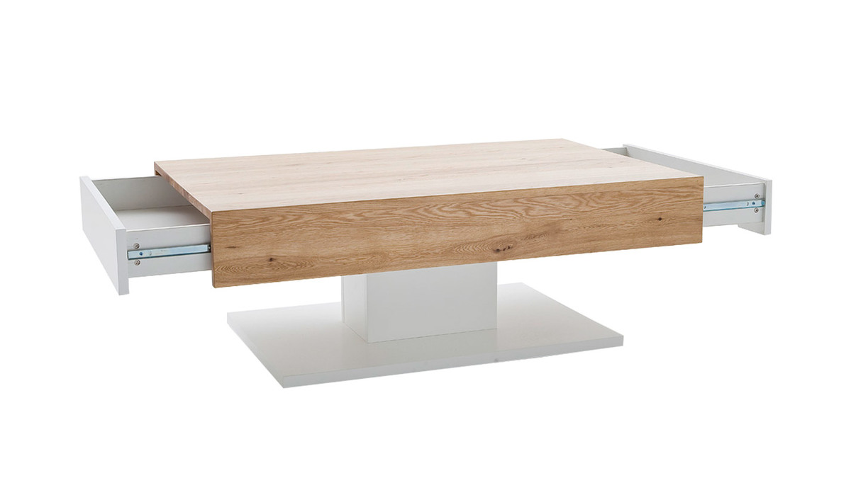 Table basse design blanc laqu et bois chne 2 tiroirs SCAB