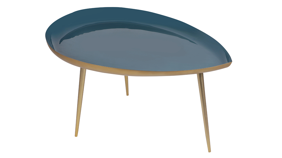 Table basse design en acier laqu bleu canard et dor L80 cm DROP