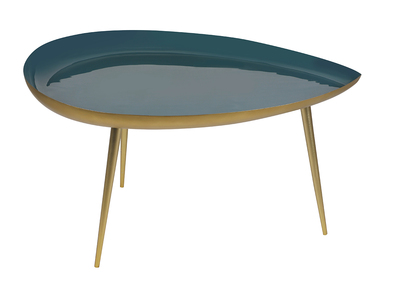 Table basse design en acier laqué bleu canard et doré L80 cm DROP
