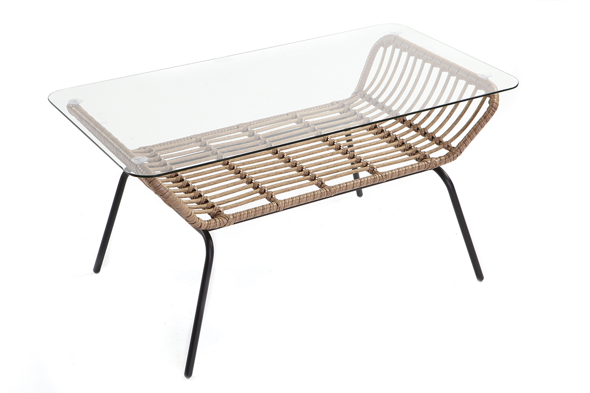 Table basse en verre et fils de r�sine fa�on rotin TANGO