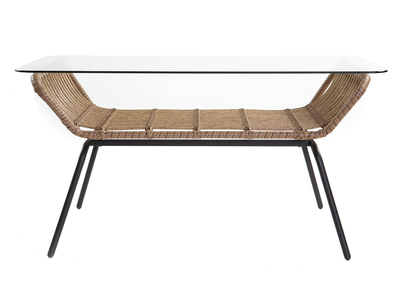 Table basse en verre et fils de r&eacute;sine fa&ccedil;on rotin TANGO