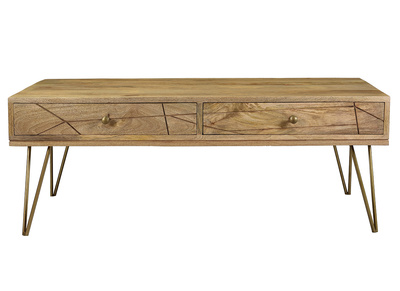 Table basse grav&eacute;e en manguier et m&eacute;tal dor&eacute; LINIUM