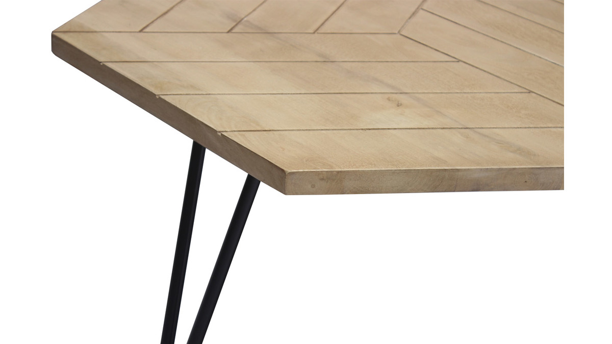 Table basse hexagonale gravée bois clair manguier massif et métal noir L80 cm VIBES