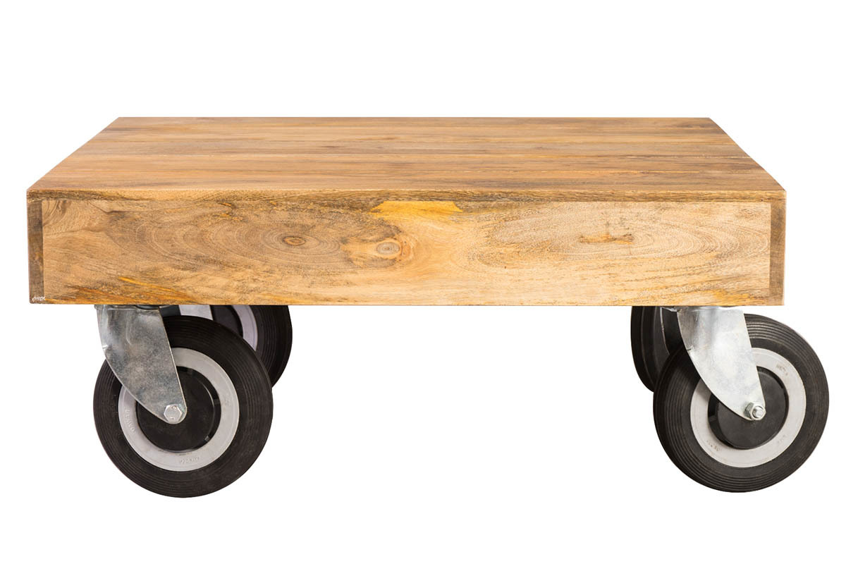 Table basse industrielle  roulettes en manguier massif L80 cm ATELIER
