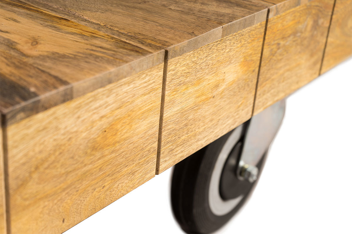Table basse industrielle  roulettes en manguier massif L80 cm ATELIER
