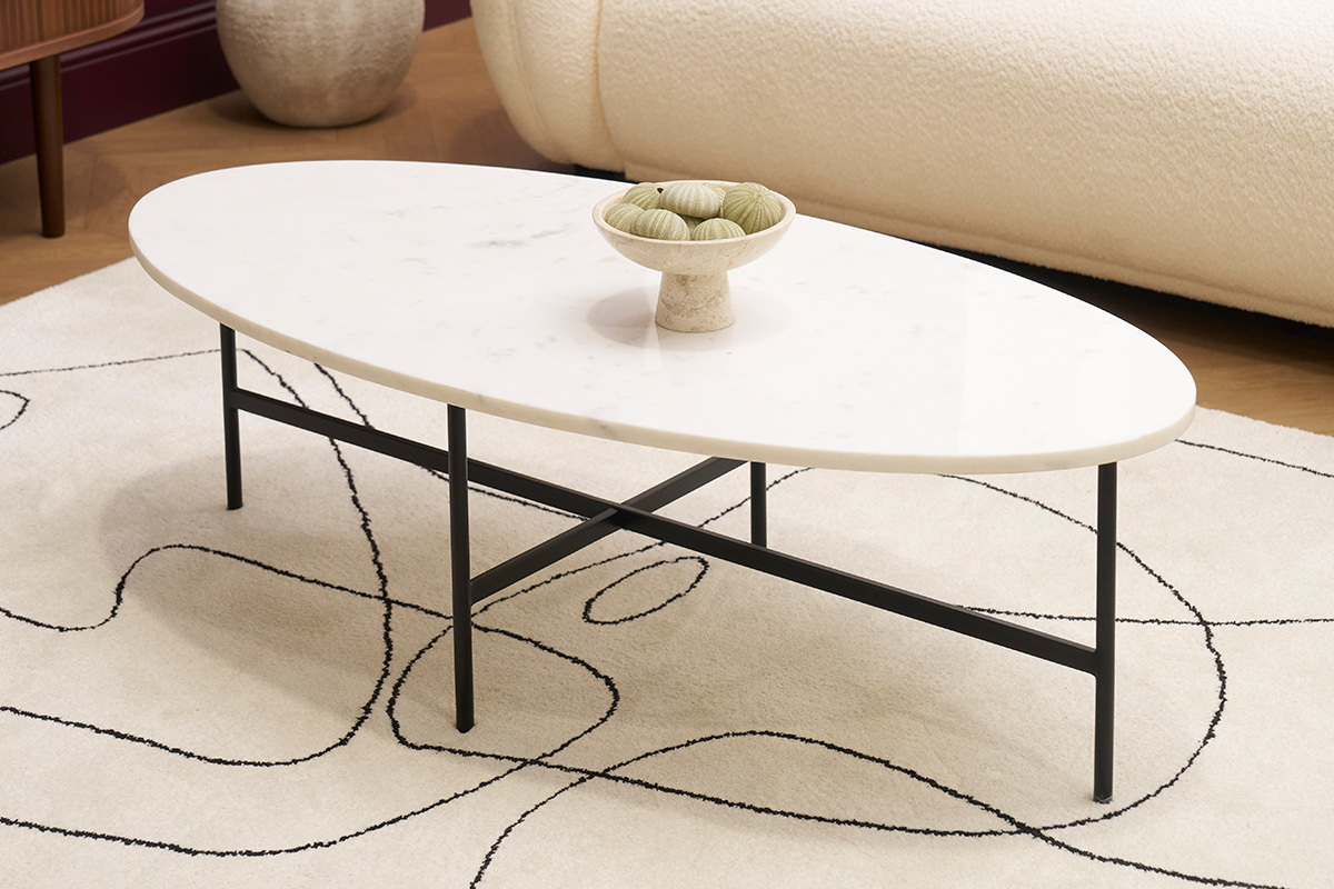 Table basse ovale en marbre blanc et métal noir L115 cm CARRARE