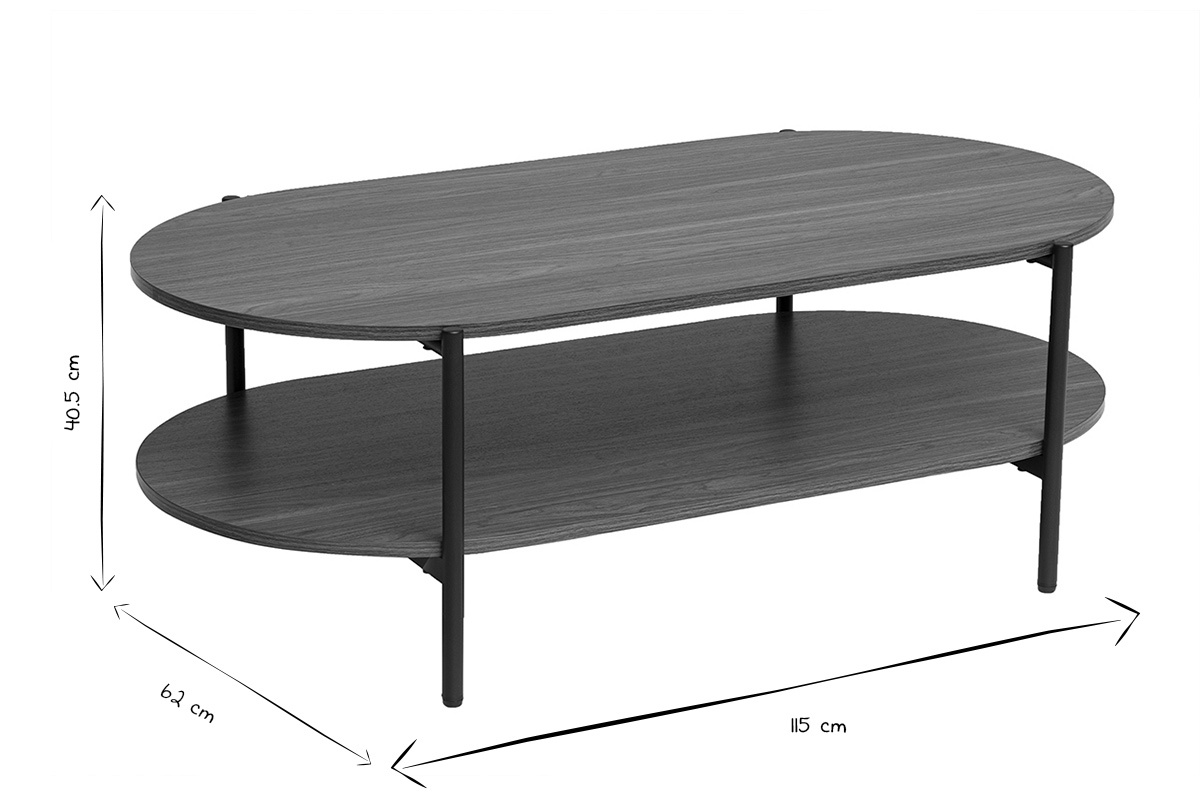 Table basse ovale finition bois fonc� noyer et m�tal L115 cm BRUNA