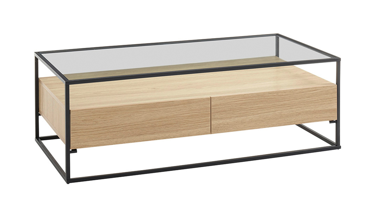 Table basse rectangulaire 2 tiroirs verre tremp, bois clair finition chne et mtal noir FINN