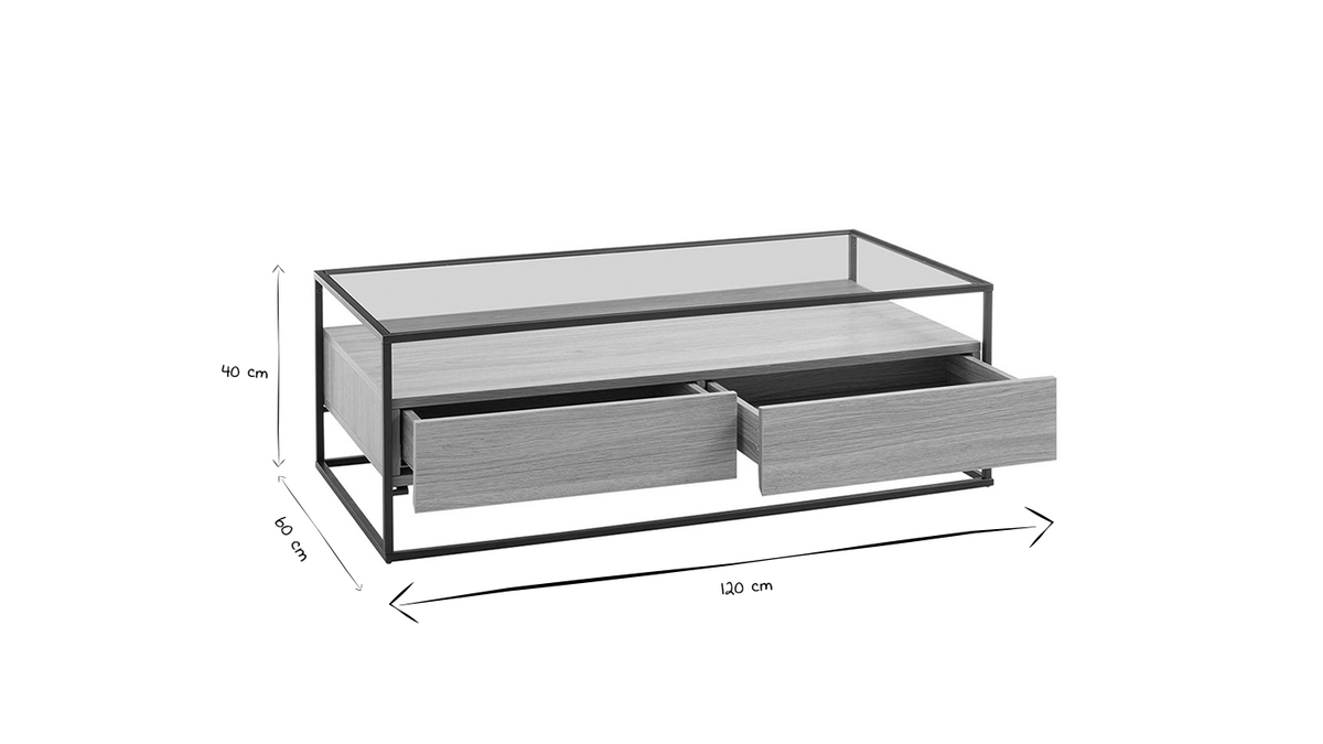Table basse rectangulaire 2 tiroirs verre tremp, bois clair finition chne et mtal noir FINN