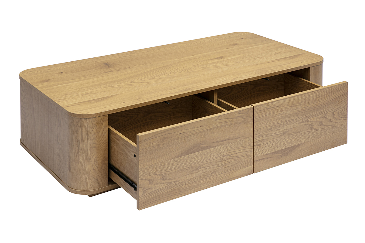 Table basse rectangulaire avec rangement 2 tiroirs finition bois clair ch�ne L120 cm NEGAN