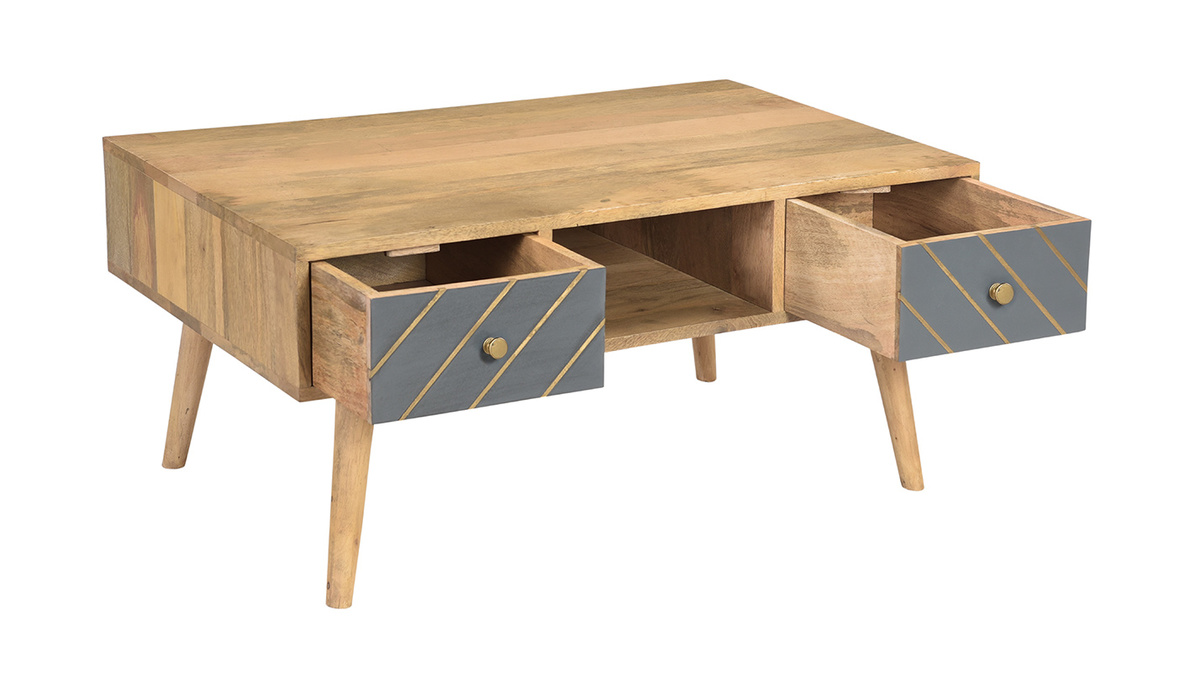Table basse rectangulaire avec rangements 2 tiroirs bois clair manguier massif, gris fonc et mtal dor L100 cm WALTER