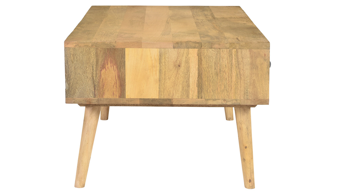 Table basse rectangulaire avec rangements 2 tiroirs bois clair manguier massif, gris fonc et mtal dor L100 cm WALTER