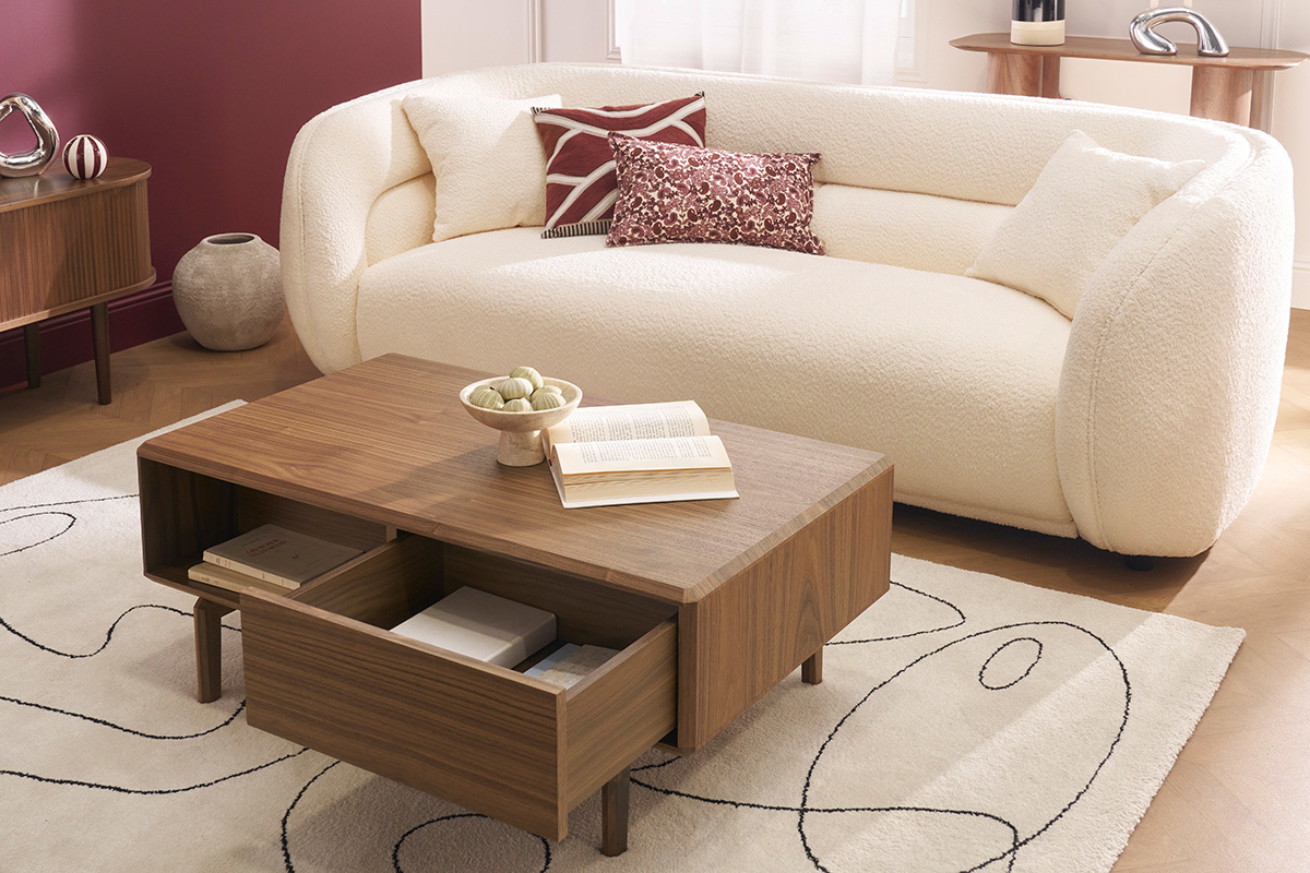 Table basse rectangulaire avec rangements 2 tiroirs bois fonc� noyer L100 cm SUVA