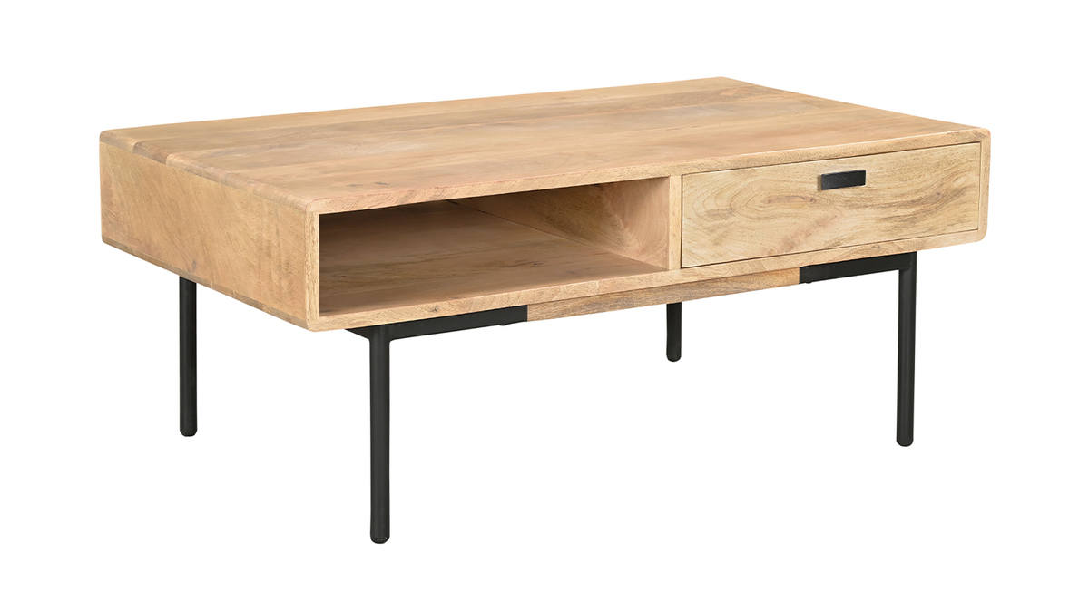 Table basse rectangulaire avec rangements 2 tiroirs en bois manguier massif et mtal noir L100 cm JUDE
