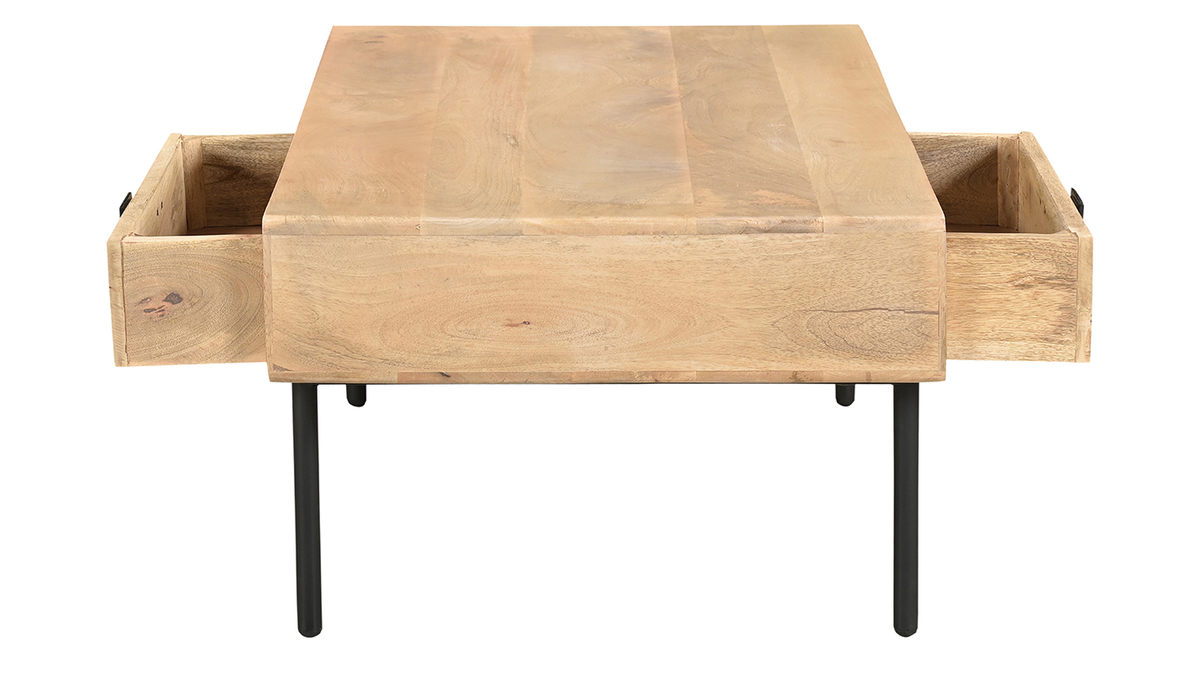 Table basse rectangulaire avec rangements 2 tiroirs en bois manguier massif et mtal noir L100 cm JUDE