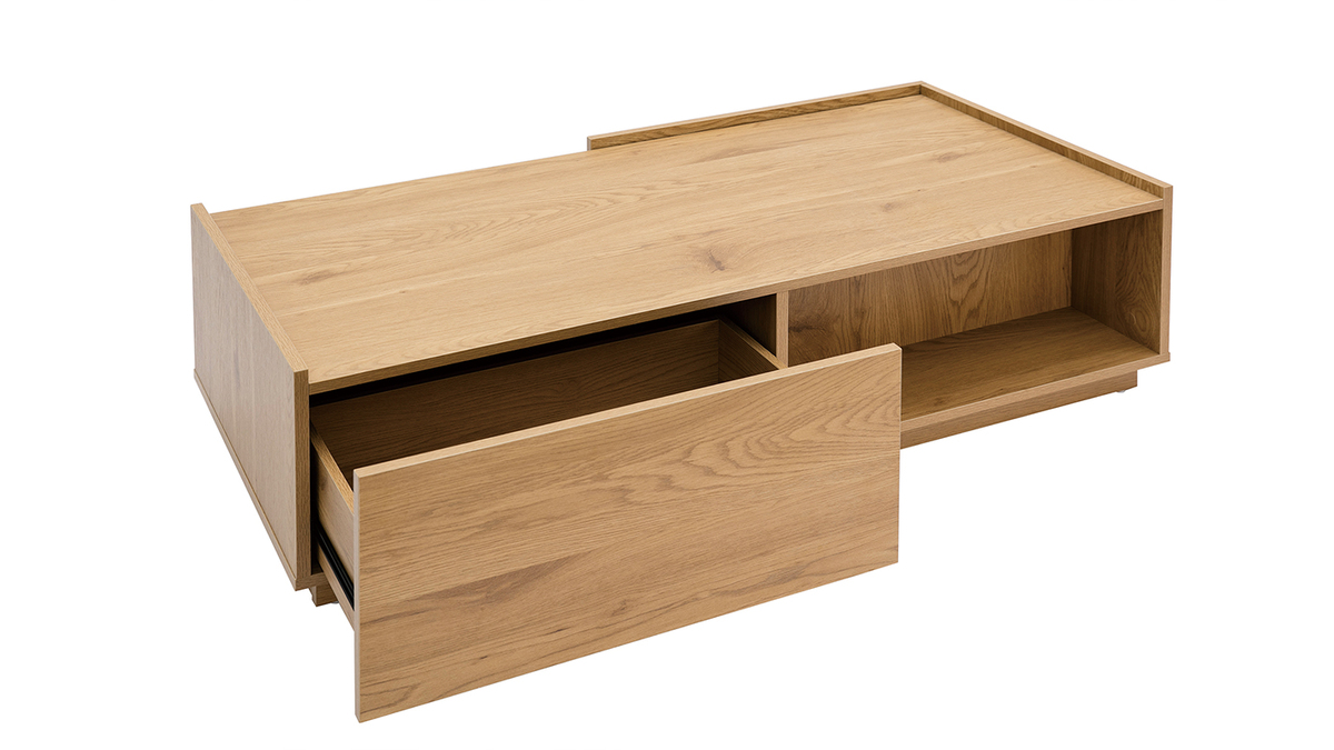 Table basse rectangulaire avec rangements 2 tiroirs finition bois clair chne L120 cm MADERO