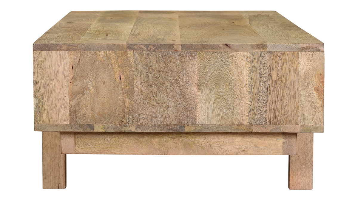 Table basse rectangulaire avec rangements bois manguier massif gravé et laiton L100 cm ZAIKA