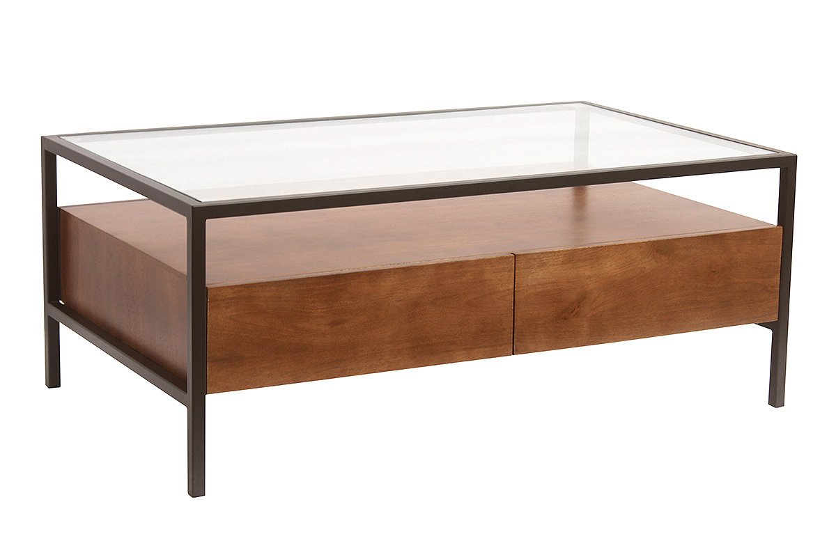 Table basse rectangulaire avec rangements en bois fonc� manguier massif, verre et m�tal noir L100 cm SITA