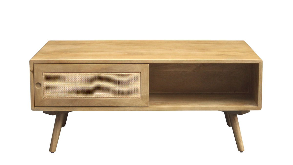 Table basse rectangulaire avec rangements en bois manguier massif et cannage rotin L100 cm ACANGE