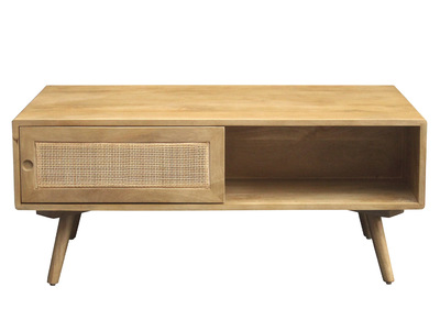 Table basse rectangulaire avec rangements en bois manguier massif et cannage rotin L100 cm ACANGE