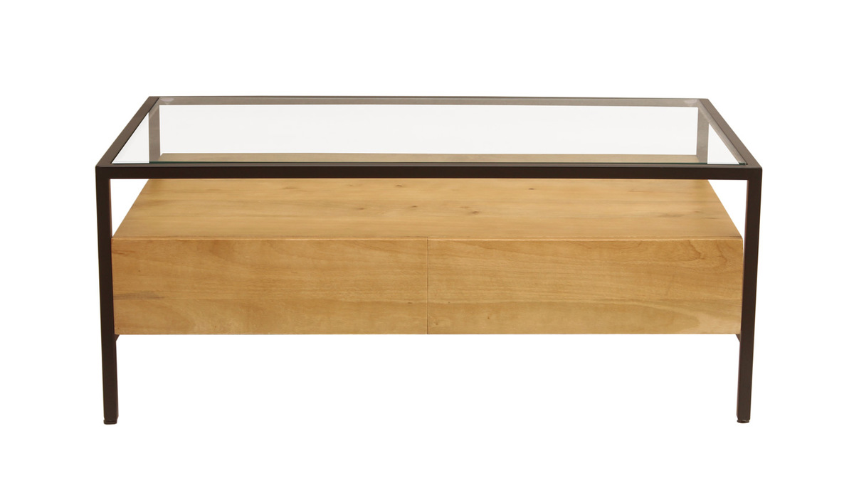 Table basse rectangulaire avec rangements en bois manguier massif, verre et mtal noir L100 cm SITA