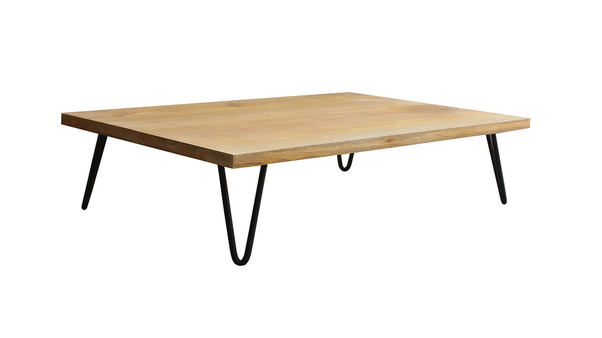 Table basse rectangulaire bois clair manguier massif et métal noir L117 cm VIBES