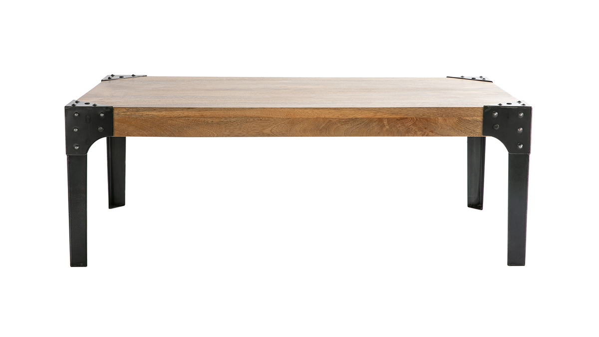 Table basse rectangulaire industrielle bois clair manguier massif et mtal noir L100 cm MADISON